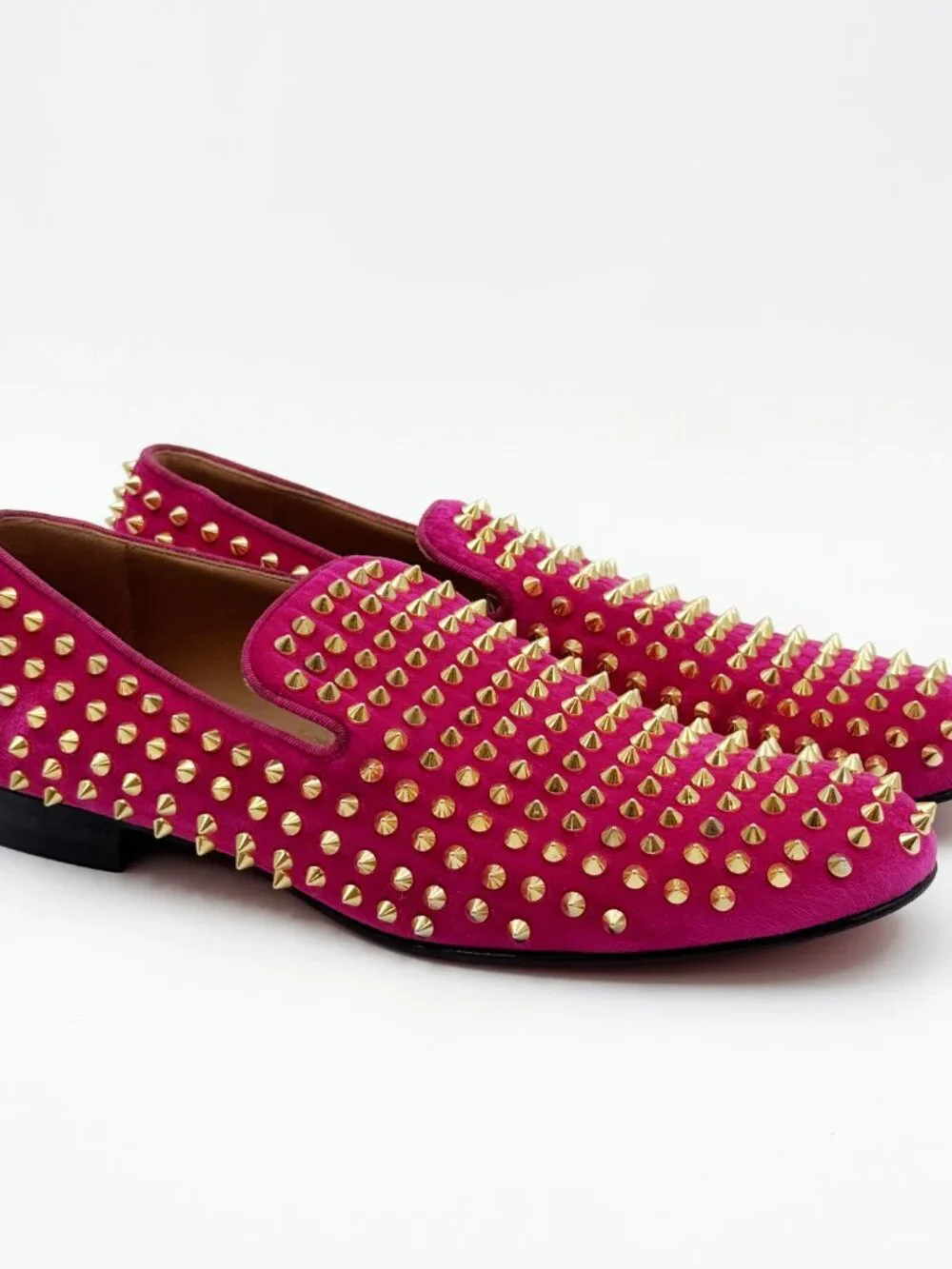 Christian Louboutin pink velvet loafers with gold studs
